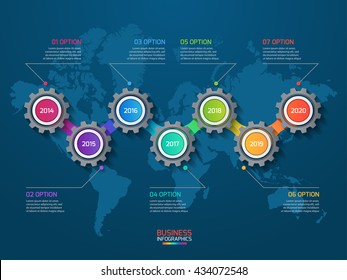 Vector infographic template with gears and world map. Business and industry concept with 7 options, parts, steps, processes.
