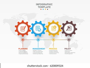 Plantilla de infografía vectorial con engranajes y mapa mundial. Concepto empresarial e industrial con 4 opciones