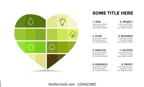 Vector infographic template. Heart symbol. Presentation slide template. Business concept with 8 options, parts, steps, processes.