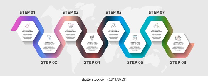 Vector infographic template hexagons for eight icons, diagram, graph, presentation. Business concept with 8 steps. For content, flowchart, timeline, workflow, banner, marketing, banner, levels, web