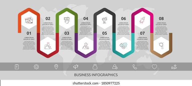 Vector infographic template hexagons for eight icons, diagram, graph, presentation. Business concept with 8 steps. For content, flowchart, timeline, workflow, banner, marketing, banner, levels, web