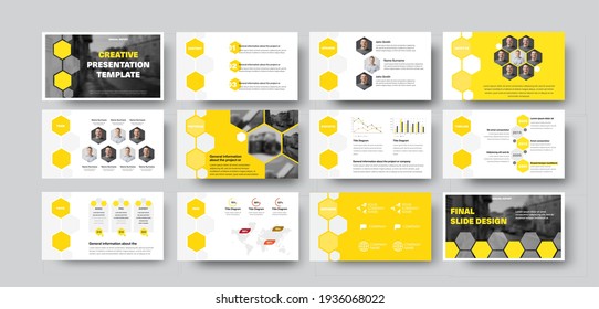 Plantilla de infografía vectorial con hexágonos, fotos, diapositiva de presentación con diseño amarillo. Conjunto de folletos creativos para informes anuales, análisis de datos, documentos de información.Concepto de identidad corporativa