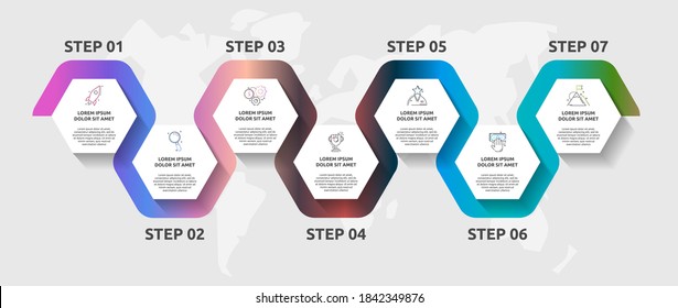 Vector infographic template hexagons for seven icons, diagram, graph, presentation. Business concept with 7 steps. For content, timeline, workflow, banner, marketing, banner, levels, web, chart