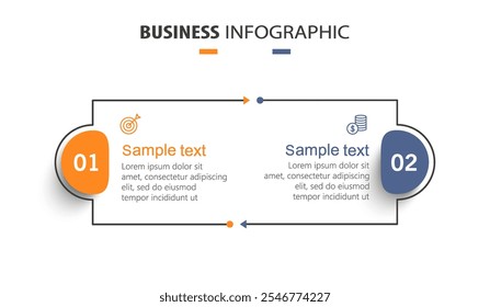Modelo de infográfico de vetor com ícones e 2 opções ou etapas. Pode ser usado para diagrama de processo, apresentações, layout de fluxo de trabalho, fluxograma, gráfico de informações	
