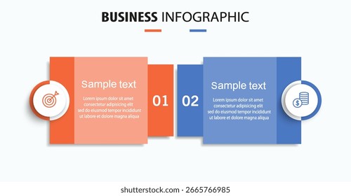 Modelo de infográfico de vetor com ícones e 2 opções ou etapas. Pode ser usado para diagrama de processo, apresentações, layout de fluxo de trabalho, fluxograma, gráfico de informações