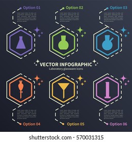 Vector infographic template with laboratory glassware icons. Concept with chemical theme on the dark background.