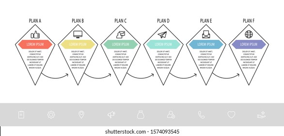 Vector infographic template with line rhombus. Business data visualization with 6 marketing icons. Six steps for content