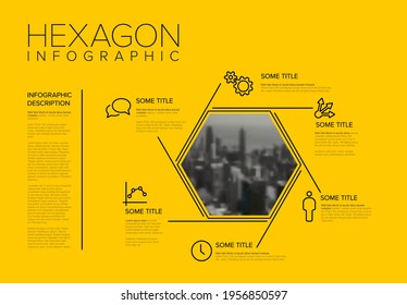 Vector Infographic template made from thin lines hexagon photo placeholder and yellow background. Infograph layout template with yellow accent. Infochart with simple hexagon shape with photo