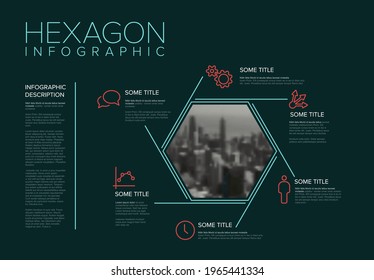 Plantilla de Infografía Vectora hecha de líneas delgadas hexágono marcador de posición de foto y fondo de teal oscuro. Plantilla de diseño de infografía con acento amarillo. Infochart con forma hexagonal simple con foto