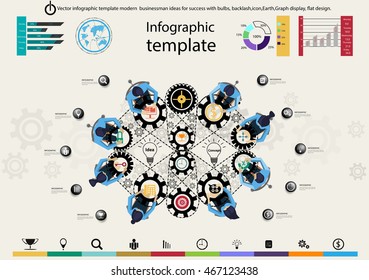 Vector infographic template modern businessman ideas for success with bulbs, backlash,icon,Earth,Graph display, flat design.