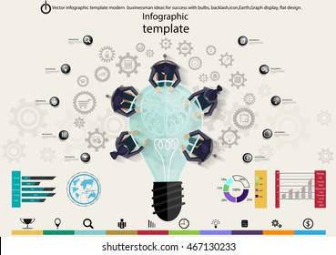 Vector infographic template modern businessman ideas for success with bulbs, backlash,icon,Earth,Graph display, flat design.