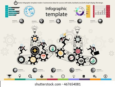 Vector infographic template modern businessman ideas for success with bulbs, backlash,icon,Earth,Graph display, flat design.