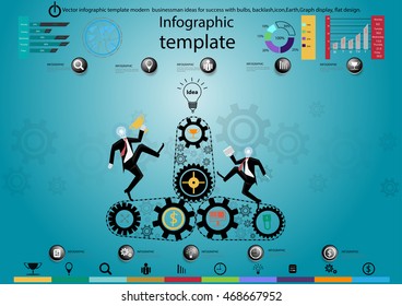 Vector infographic template modern businessman ideas for success with bulbs, backlash,icon,Earth,Graph display, flat design.