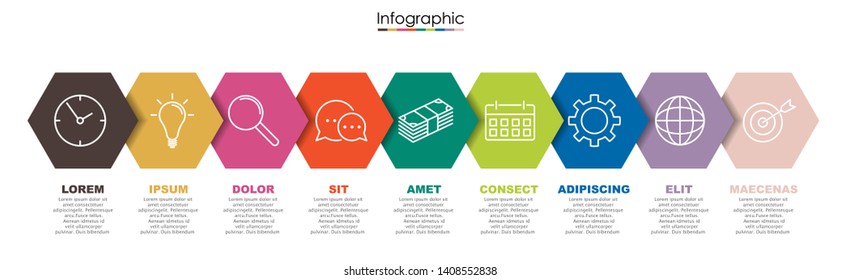 Vector infographic template with nine steps or options. Illustration presentation with line elements icons.  Business concept design can be used for web, brochure, diagram, chart or banner layout.