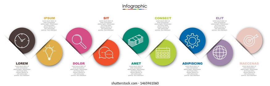 Vector infographic template with nine steps or options. Illustration presentation with line elements icons.  Business concept design can be used for web, brochure, diagram