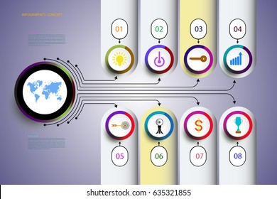 Vector infographic template with number 8 step, integrated circles. Business concept with options. For content, diagram, flowchart, steps, timeline infographics, workflow layout, chart, illustration