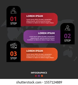 Vector infographic template on black background. Labels with text and icons for two diagrams, graph, flowchart, timeline, marketing, presentation. Business concept with three options