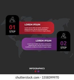 Vector infographic template on black background. Labels with text and icons for two diagrams, graph, flowchart, timeline, marketing, presentation. Business concept with two options