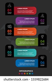 Vector infographic template on black background. Labels with text and icons for two diagrams, graph, flowchart, timeline, marketing, presentation. Business concept with six options