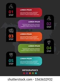 Vector infographic template on black background. Labels with text and icons for two diagrams, graph, flowchart, timeline, marketing, presentation. Business concept with five options