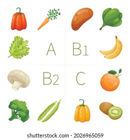 Vector infographic template on the topic of healthy food and vitamins. Illustration of fresh natural vegetables and fruits with nutrients.