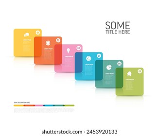 Vector Infografía Plantilla con tarjetas diagonales cuadradas redondeadas de color pastel y cuadros e iconos y descripciones. Plantilla infográfica simple y minimalista con seis artículos