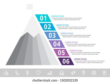 Vektor-Infografik-Vorlage mit Pyramide und Berg und sechs Etiketten. Geometrisches Business-Konzept mit 6 Optionen. Als Zeitstrahl, Workflow, Präsentation, Diagramm, Flyer, Banner, Diagramm