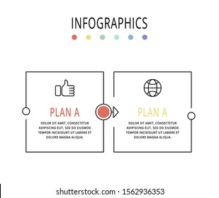 Plantilla de infografía vectorial con rectángulos. Visualización de datos empresariales con 2 opciones e iconos de marketing. Dos pasos para contenido, proceso, línea de tiempo, web, marketing, presentación, gráfico, diagramas