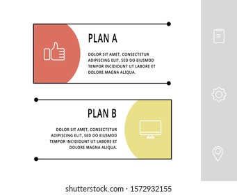 Plantilla de infografía vectorial con rectángulos. Visualización de datos empresariales con 2 opciones e iconos de marketing. Dos pasos para contenido, proceso y escala de tiempo