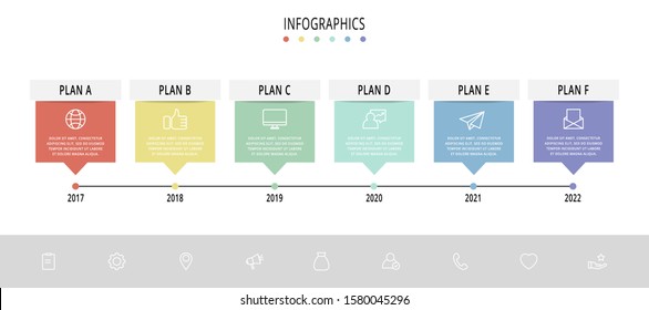 Vector infographic template with rectangles. Business data visualization with 6 arrows and marketing icons