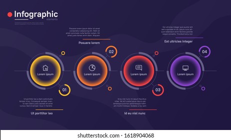 Vector infographic template with round graphic elements on a deep blue background. Four options.