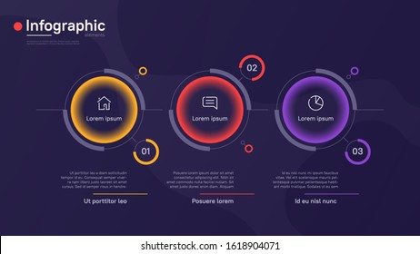 Vector infographic template with round graphic elements on a deep blue background. Three options.