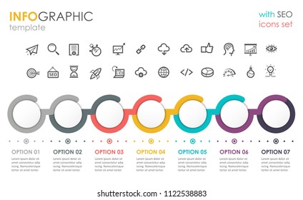 Vector Infographic template with seo icons set and 7 options or steps. Infographics constructor.  Can be used for process diagram, presentations, workflow layout, banner, flow chart, info graph.