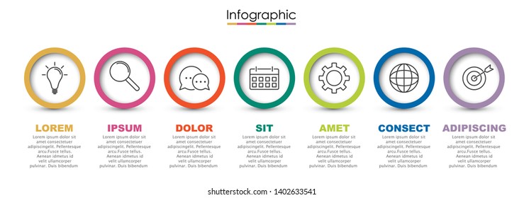 Vector infographic template with seven steps or options. Illustration presentation with line elements icons.  Business concept design can be used for web, brochure, diagram, chart or banner layout.