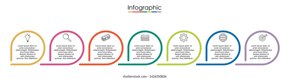 Vector infographic template with seven steps or options. Illustration presentation with thin line elements icons.  Business concept graphic design can be used for web, paper brochure, diagram