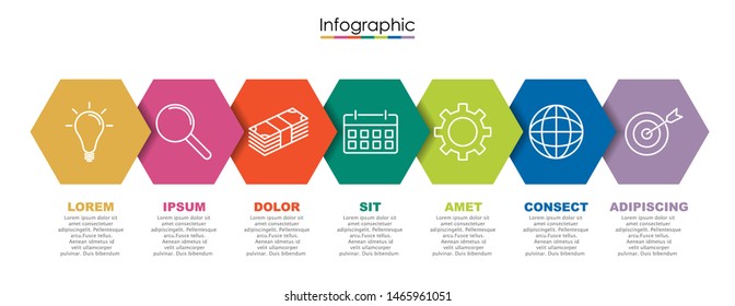 Vector infographic template with seven steps or options. Illustration presentation with line elements icons.  Business concept design can be used for web, brochure, diagram