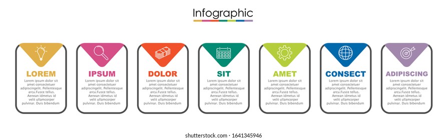 Vector infographic template with seven steps or options. Illustration presentation with line elements icons.  Business concept design can be used for web, brochure, diagram