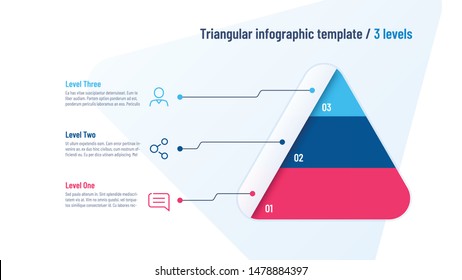 Vector infographic template in the shape of triangle, pyramid divided by 3 parts.