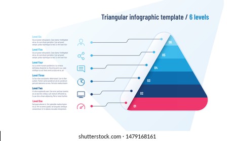 Infografische Vektorillustration-Vorlage in Form von Dreieck, Pyramide geteilt durch 6 Teile.