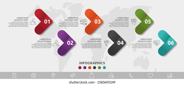Vector infographic template. Six arrows with icons. Business concept for diagrams, flowchart, timeline, marketing, presentation