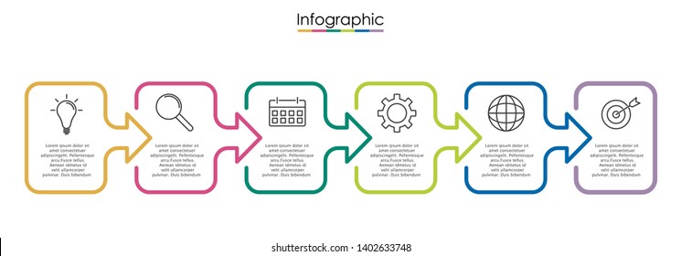 Vector infographic template with six steps or options. Illustration presentation with line elements icons.  Business concept design can be used for web, brochure, diagram, chart or banner layout.