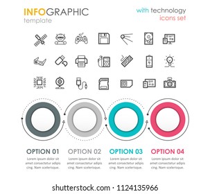 Vector Infographic template with technology icons set and 4 options or steps. Can be used for presentations banner, workflow layout, process diagram, flow chart, info graph