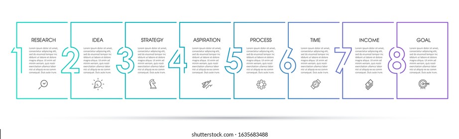 Vector Infographic template. Thin line design with icons and 8 options or steps. Business concept.