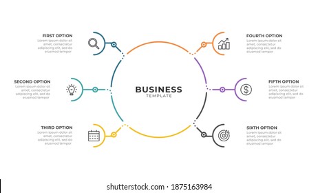 Vector infographic template thin line design with icons. Business concept with 6 options or steps. Can be used for workflow diagram, info chart, info graph.