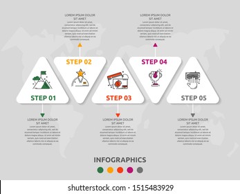 Vector infographic template with triangles and five arrows. Business geometric concept with 5 options, parts, steps. Used as timeline, workflow, presentation, diagram, flyers, banner, chart