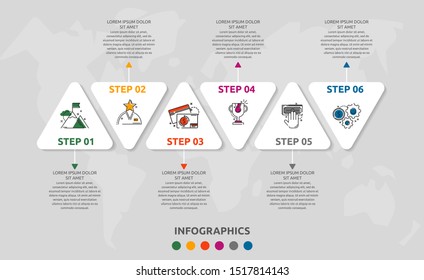 Vector infographic template with triangles and six arrows. Business geometric concept with 6 options, parts, steps. Used as timeline, workflow, presentation, diagram, flyers, banner, chart