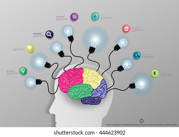 Vector Infographic Templates Brainstorm business ideas with lamps, colorful circles.
