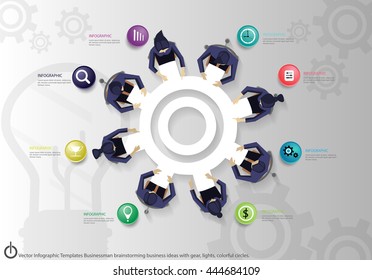 Vector Infographic Templates Businessman brainstorming business ideas with gear, lights, colorful circles.