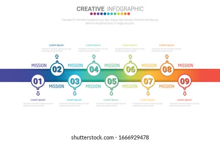 Vector Infographic thin colorful design with icons and 9 options or steps. fographic design template with place for your text. Vector illustration.