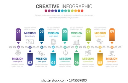 Vector Infographic thin colorful design with icons and 9 options or steps. fographic design template with place for your text. Vector illustration.